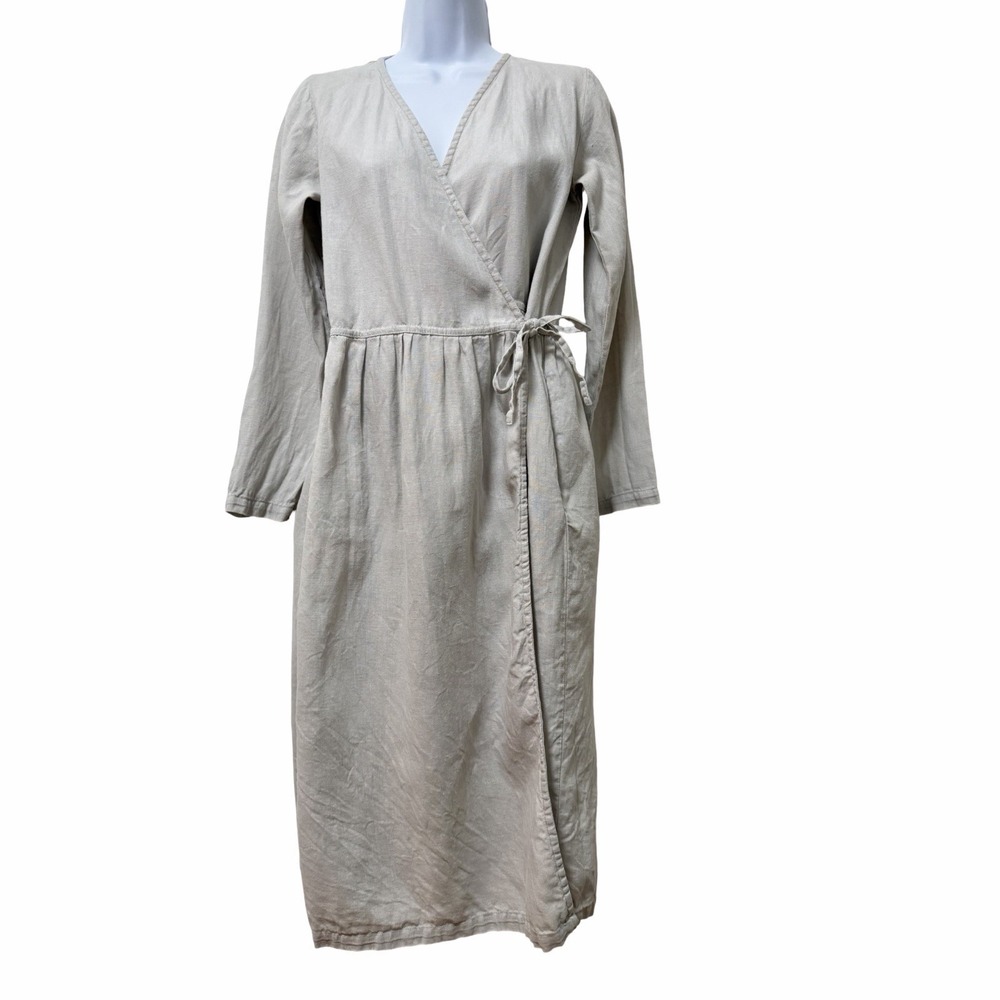 Simply Grey Linen Long Sleeve Wrap Dress Size XS Gray Lagenlook Lagom Modest